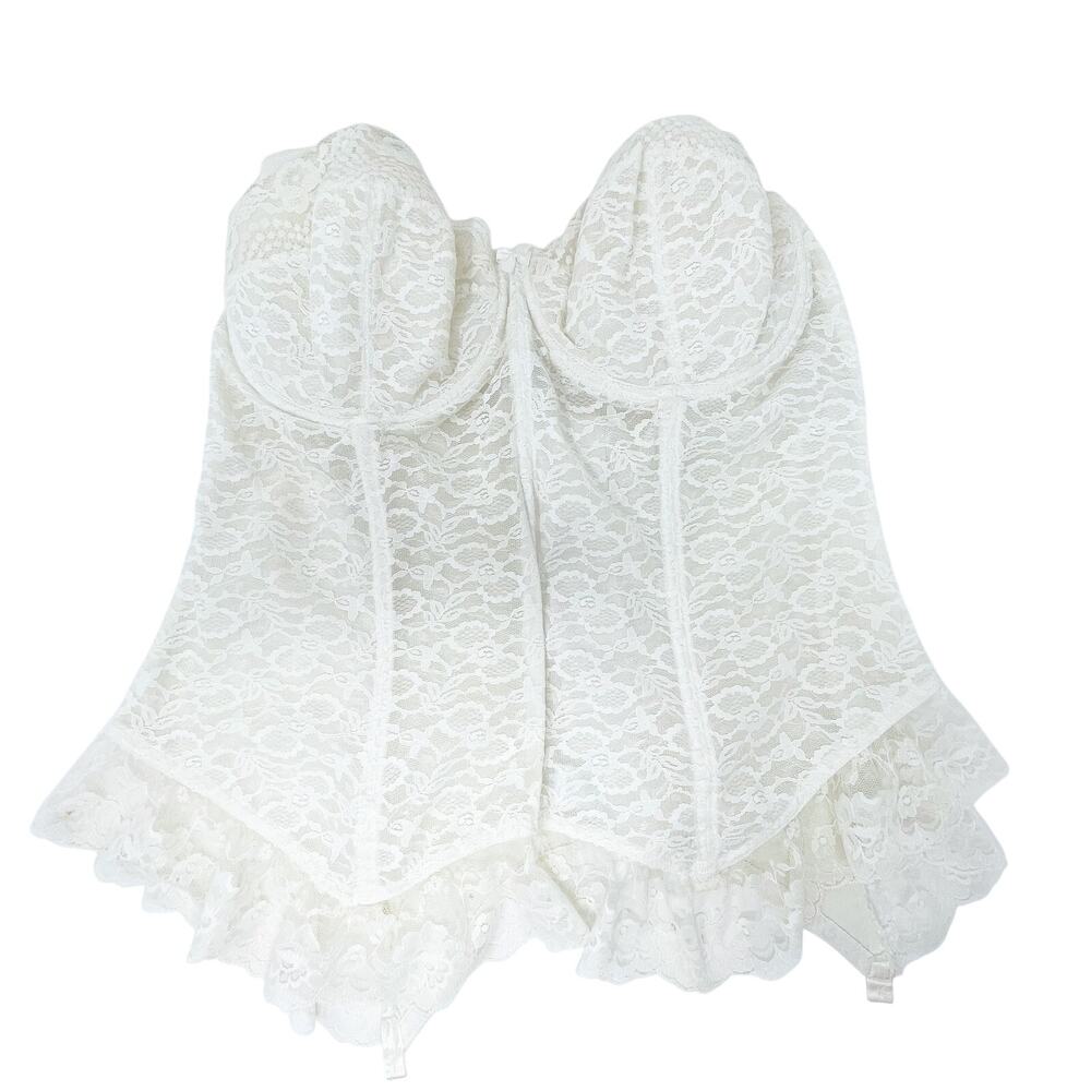 Vintage Goddess Cream White Lace Bustier Corset Size 42C Boning Underwire Union